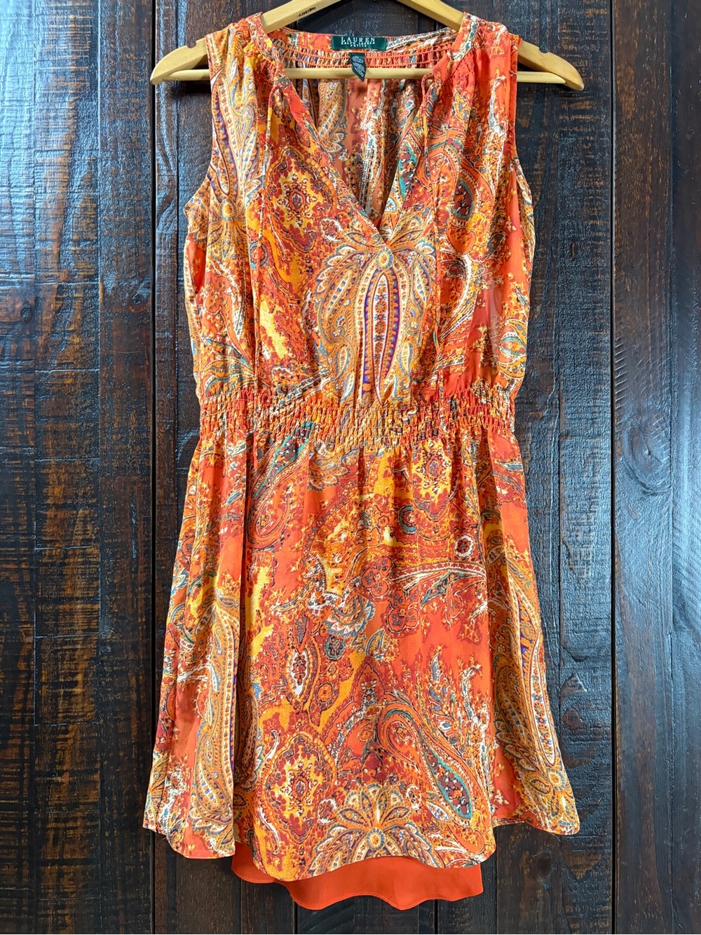 Lauren Ralph Lauren Sleeveless Orange Paisley V-Neck Mini Dress 2 Petite